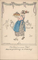 Woman Serving Flaming Plum Pudding, New Year Greeting Postcard