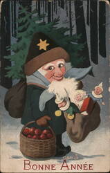 Bonne Année Gnome with Toys and Apples Postcard