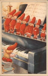 Gnomes Singing and Playing Piano, "God Jul" Postcard