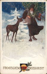 Froehliche Weihnacht - Santa Claus with Deer and Tree Postcard