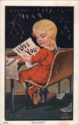 Girl at School Desk Reading 'I Love You' Note Postcard