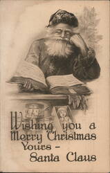 Santa Claus Reading Book, Wishing Merry Christmas Postcard