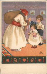 Santa Claus with Sack Visiting Children Postcard