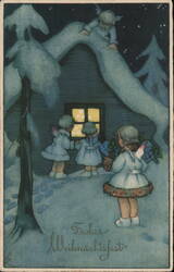 Frohes Weihnachtsfest Angels Outside Snowy Cabin at Night Postcard
