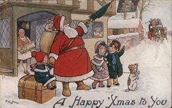 Santa Claus with Children and Dog, A Happy 'Xmas to You Postcard