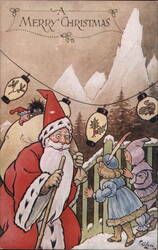 A Merry Christmas - Santa Claus with Children and Elf Postcard