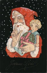 Santa Claus with Doll and Gift, Joyeux Noël Postcard