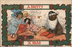 A Merry Xmas - Children with Dog Dressed as Santa Claus Postcard