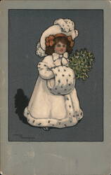 Girl in Winter Coat with Mistletoe by Ethel Parkinson Postcard