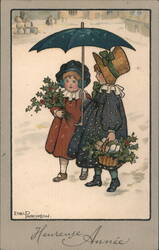 Two Children with Holly Under Umbrella, Heureuse Année Postcard