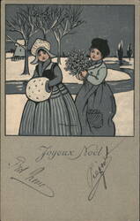 Joyeux Noël - Two Children in Snow with Mistletoe Postcard
