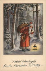 Santa Claus in Snowy Forest at Night, Hannes Petersen Postcard