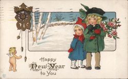 Happy New Year with Children and Cuckoo Clock Postcard