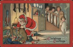 Santa Claus Filling Stockings, Children Watching Postcard