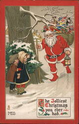 Santa Claus with Toys and Children Hiding Behind Tree Postcard