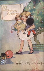 A Ripping Christmas, Girl with Dolls by Tree Postcard