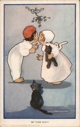 Children Kissing Under Mistletoe, Cat Says 'My Turn Next!' Postcard