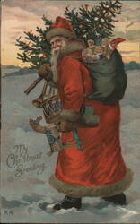Santa Claus with Christmas Tree and Toys Postcard