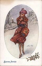 Bonne Année - Woman in Snowy Landscape Postcard