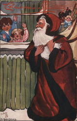 Christmas Greetings, Santa Claus Waving at Children Postcard