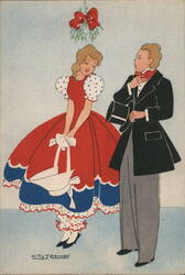 Couple Under Mistletoe Illustration by Willy Schermele Postcard