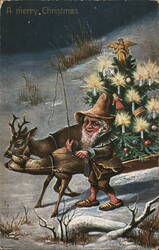 Gnome Pulling Christmas Tree Sled with Deer Postcard