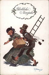 Glückliches Neujahr - Chimney Sweep Chasing Woman Postcard