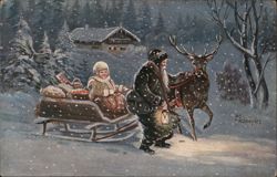 Winter Scene with Man, Child, Sleigh, and Deer Postcard