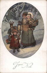 Joyeux Noël - Santa, Angels, and Deer in Snowy Woods Postcard