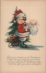 Child Dressed as Santa Holding Mask and Gifts Postcard
