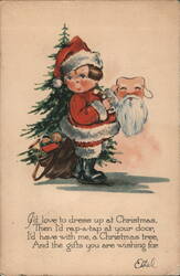 Child Dressed as Santa with Tree and Toys Postcard