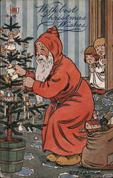 Santa Claus Decorating Tree, Children Peeking, Christmas Wishes Postcard