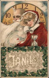 Father Time, Young Girl, Clock, Jan 1st Postcard