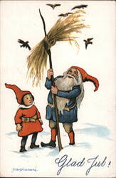 Glad Jul! Gnomes Feeding Birds with Sheaf of Wheat Postcard