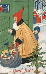 God Jul! Santa Claus with Gift Sack and Child by Schonberg Postcard