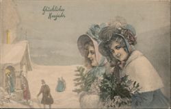 Glückliches Neujahr, Women in Winter Scene Postcard