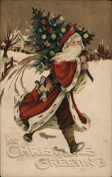 Santa Claus Carrying Christmas Tree, Christmas Greeting Postcard