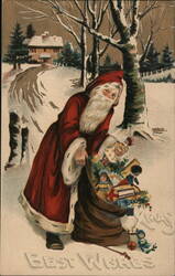 Santa Claus with Sack of Toys in Snowy Landscape Postcard