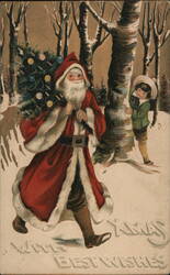 Santa Claus Carrying Christmas Tree in Snowy Woods Postcard