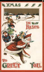 Santa Claus and Children Running in Snow, In Haste To Greet You Postcard