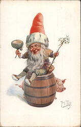 Smiling Gnome Sitting on Barrel with Pig Postcard