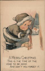 A Merry Christmas, Be Good Child Peeking at Baby Postcard