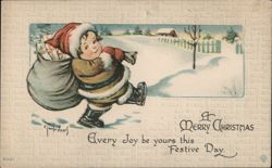 Child in Santa Hat Carrying Presents, Merry Christmas Postcard