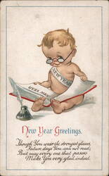 New Year Greetings Baby Reading Book Postcard