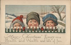 Merry Christmas, Three Children Peeking Over Fence Postcard