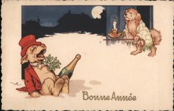 Bonne Année Dogs, Drunk Dog in Snow, Candlelit Window Postcard