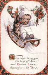 Child & Rabbit Sledding, New Year Greeting by Naflora White Postcard