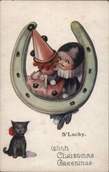 Dolls in Horseshoe with Black Cat, Christmas Greetings Postcard