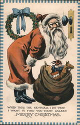Santa Claus Peeking Through Keyhole, Merry Christmas Postcard