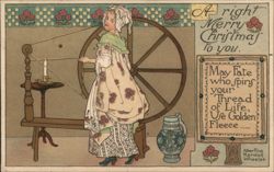 Woman at Spinning Wheel, Christmas Greeting Postcard